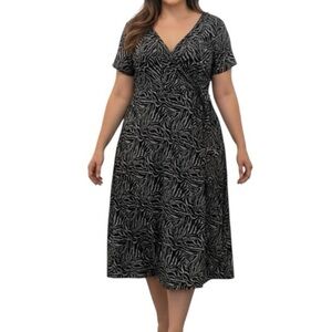 Tacera XL Black Gray Abstract Zebra Faux Wrap Midi Length Dress